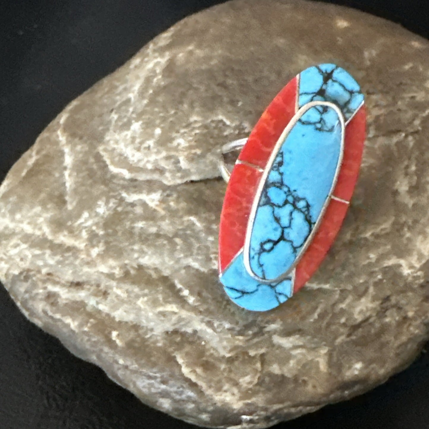 Blue Turquoise Coral Navajo Sterling Silver Ring Size 8 18764