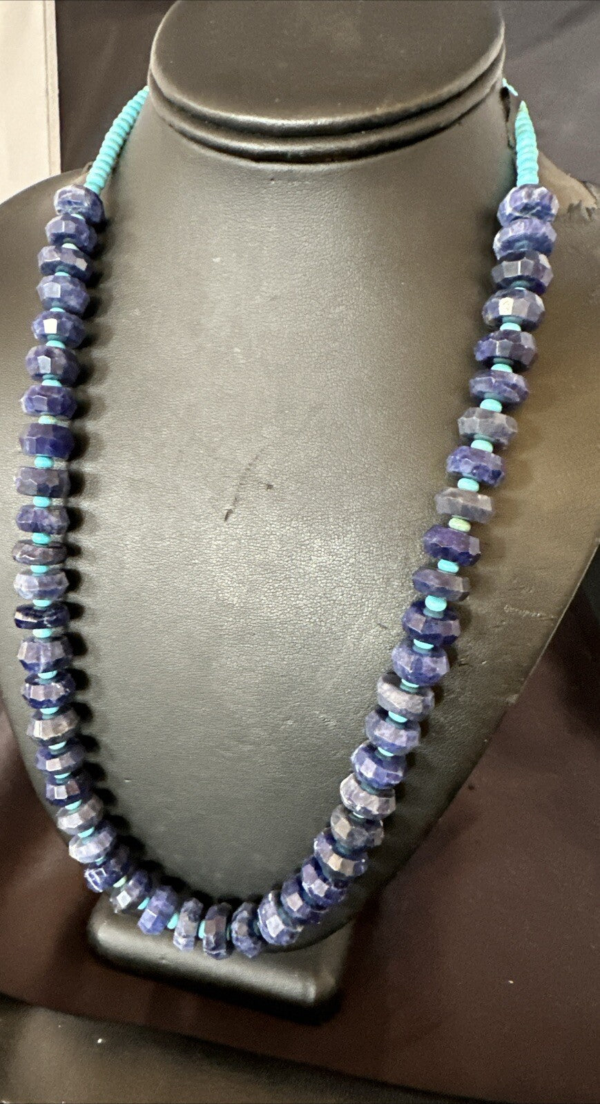 Mens Turquoise 12mm Faceted Lapis Bead Navajo Sterling Silver Necklace 21" 18277