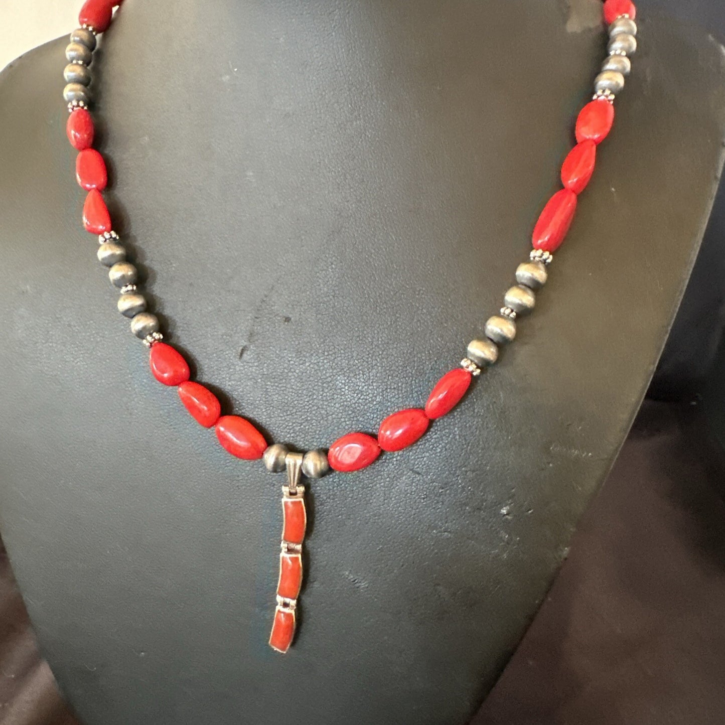 Red Coral Pendant Navajo Pearls Sterling Silver Necklace 23" 18363
