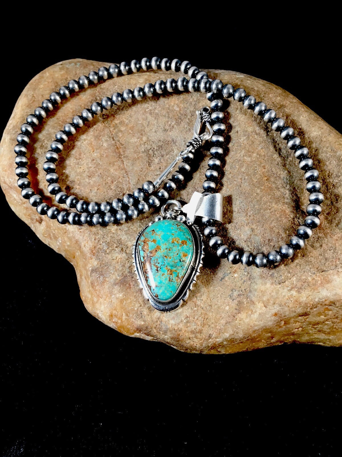 Green Turquoise #8 Pendant Navajo Pearls Sterling Silver Necklace 08678