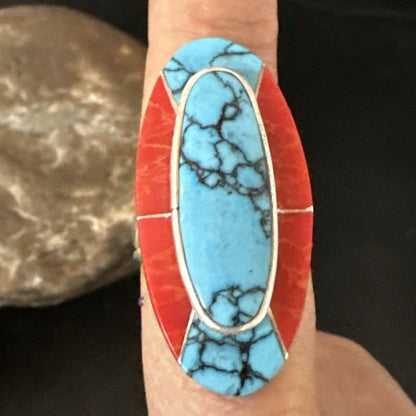 Blue Turquoise Coral Navajo Sterling Silver Ring Size 8 18764