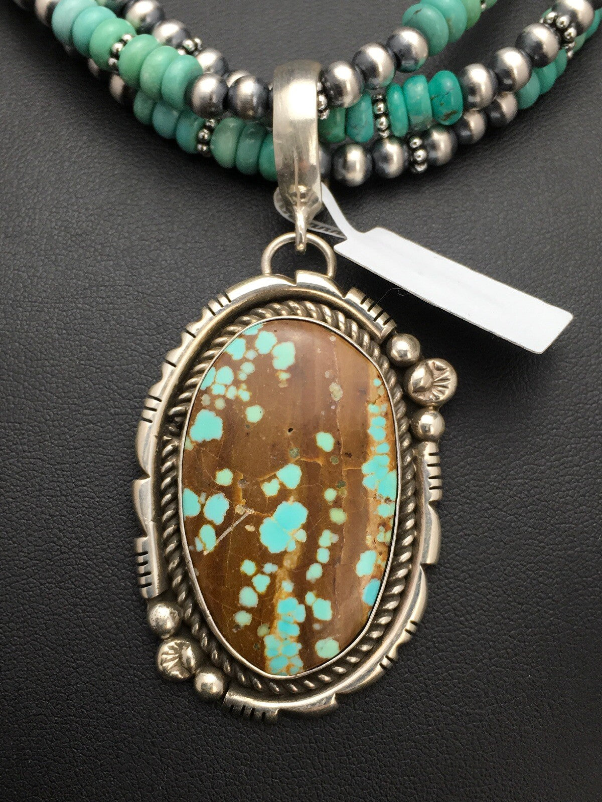 Spider Web Turquoise Pendant Navajo Sterling  Silver Bead 3 Strand Necklace 21in