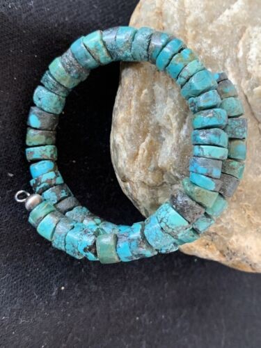 Navajo Natural Turquoise Heishi Bracelet Stainless Steel Memory Wire | Authentic Native American Handmade | 513