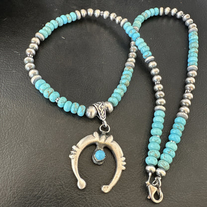 Mens Blue Turquoise Naja Pendant Navajo Sterling Silver Necklace 16643