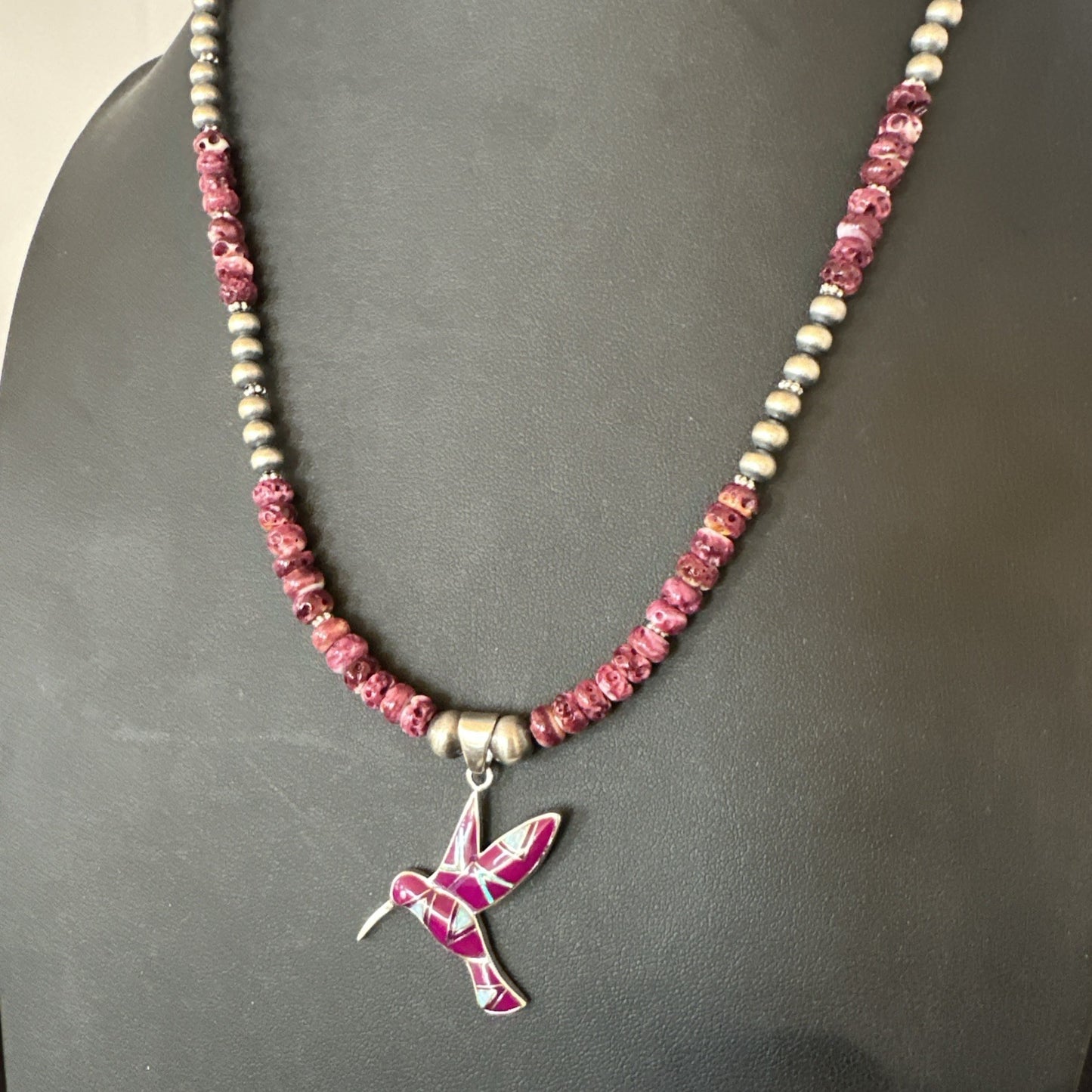 HummingBird Purple Spiny Sugilite Pendant Navajo Sterling Silver Necklace 19607