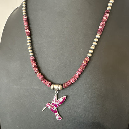 HummingBird Purple Spiny Sugilite Pendant Navajo Sterling Silver Necklace 19607