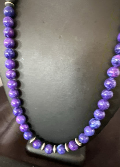 10mm Royal  Purple Stone Bead Navajo Sterling Silver Necklace 24” 17922