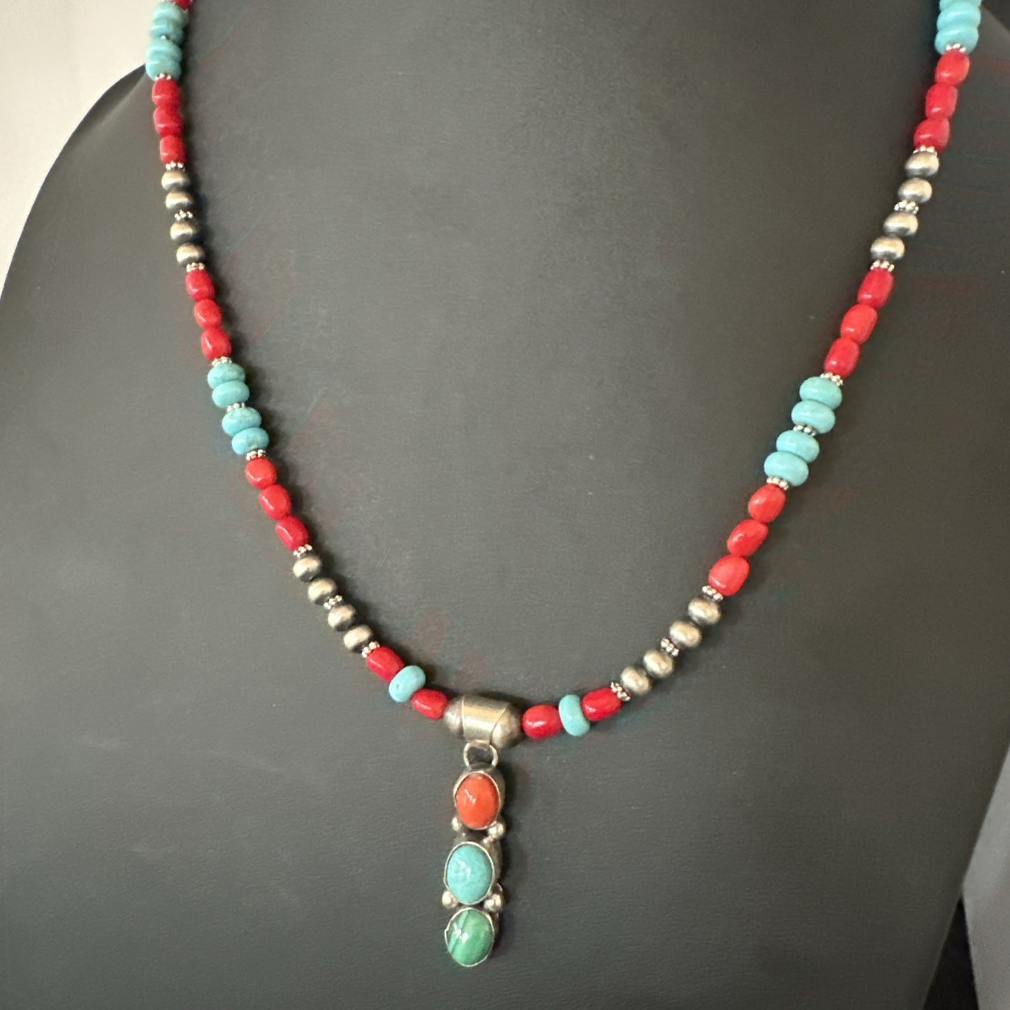 Multicolor Turquoise Coral Navajo Sterling Silver Cluster Pendant Necklace 19654