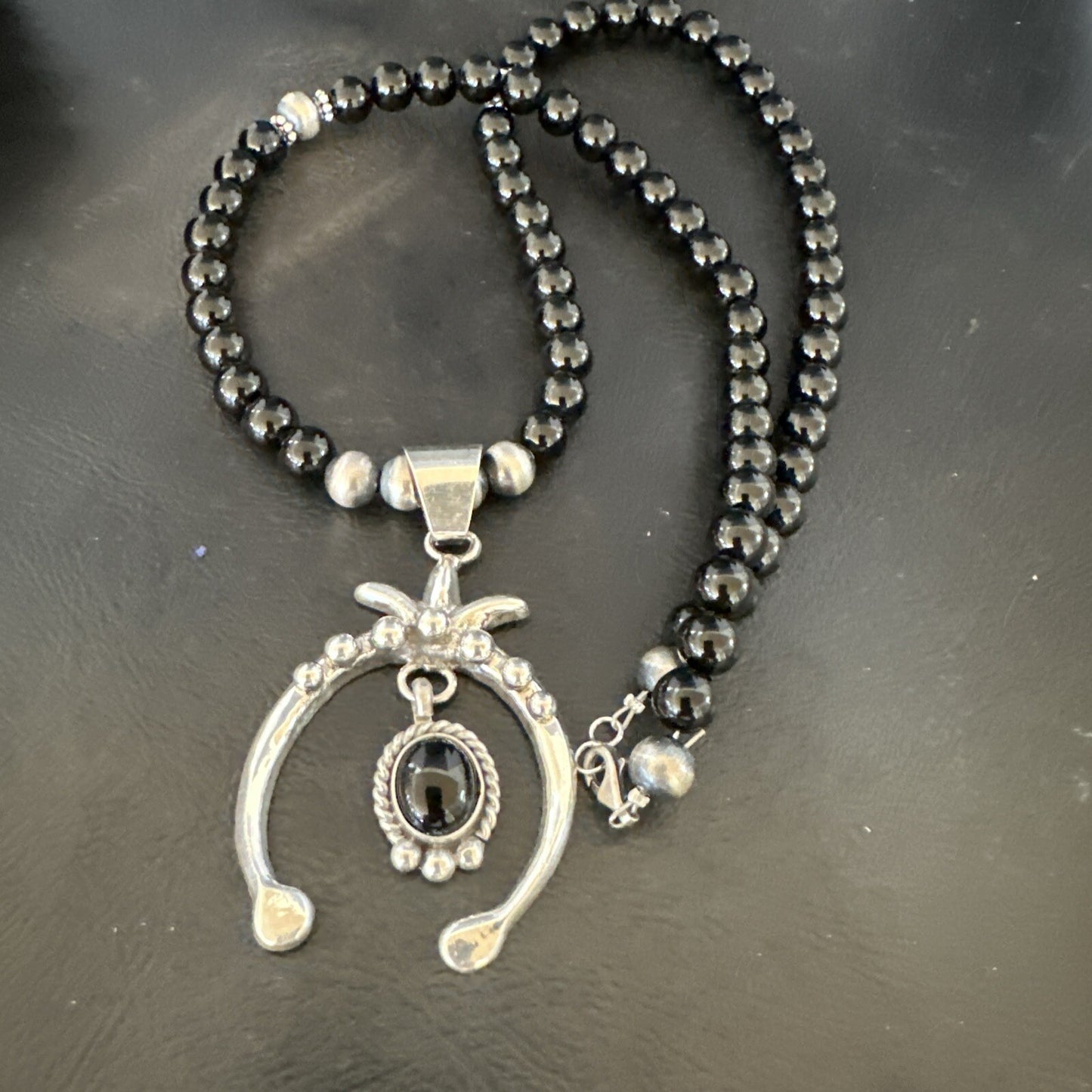 Mens Black Onyx Naja Pendant Navajo Pearls Sterling Silver Necklace 23” 17686
