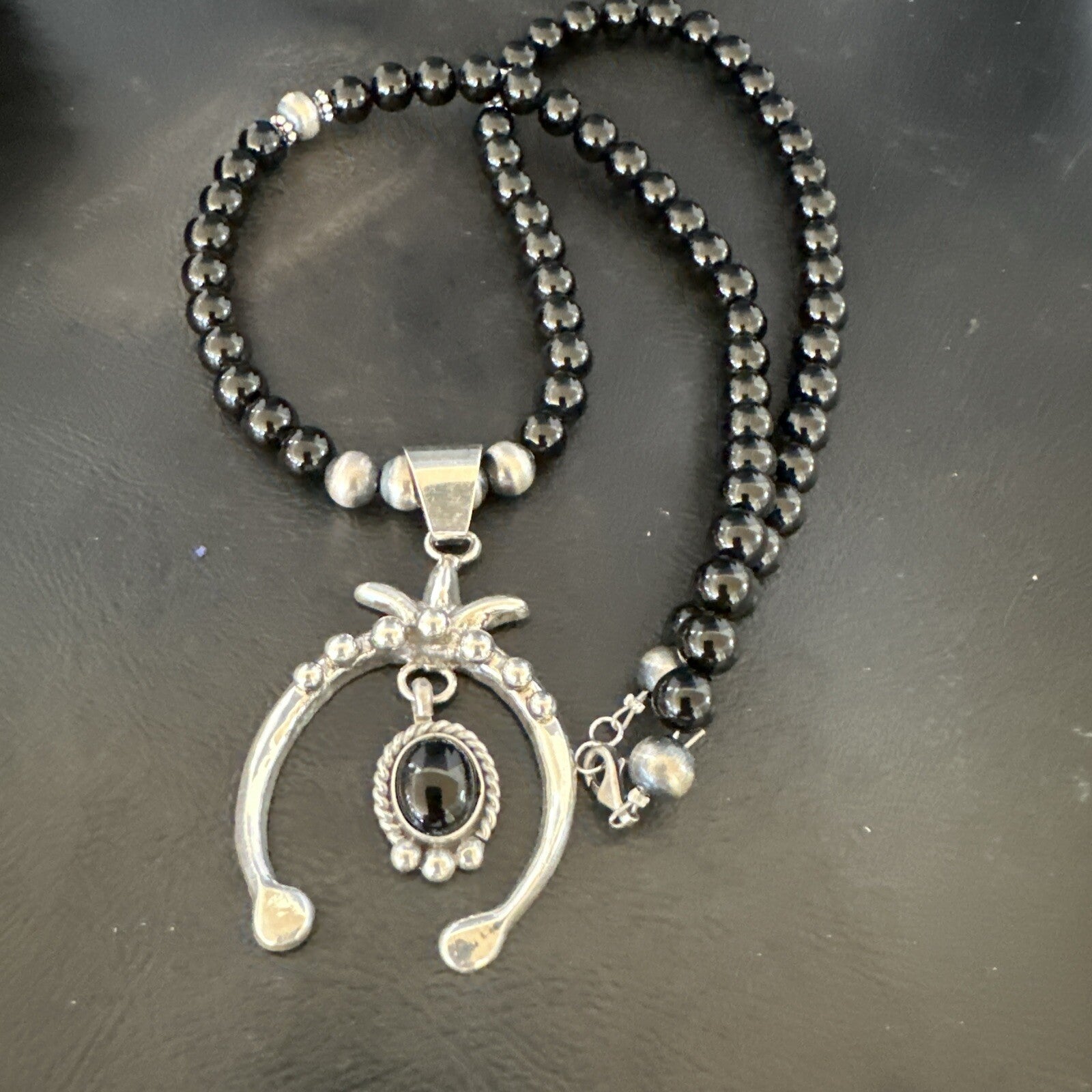 Mens Black Onyx Naja Pendant Navajo Pearls Sterling Silver Necklace 23” 17686