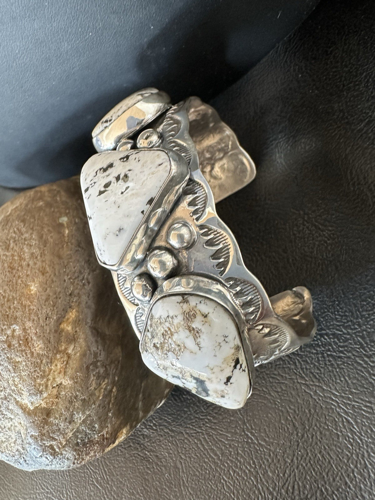Mens White Buffalo Turquoise Navajo Sterling Silver Cuff Bracelet 7.75" 19427