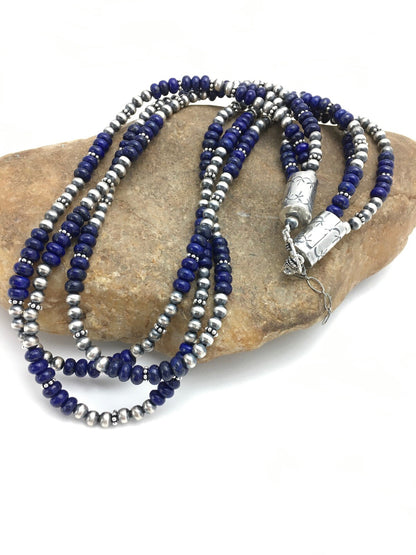 Blue Lapis Lazuli 3 Strands Navajo Sterling Silver Beads Necklace 02926