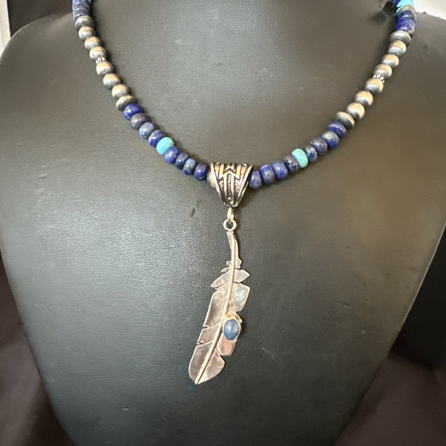 Blue Turquoise Lapis Feather Pendant Navajo Sterling Silver Necklace 21” 17790