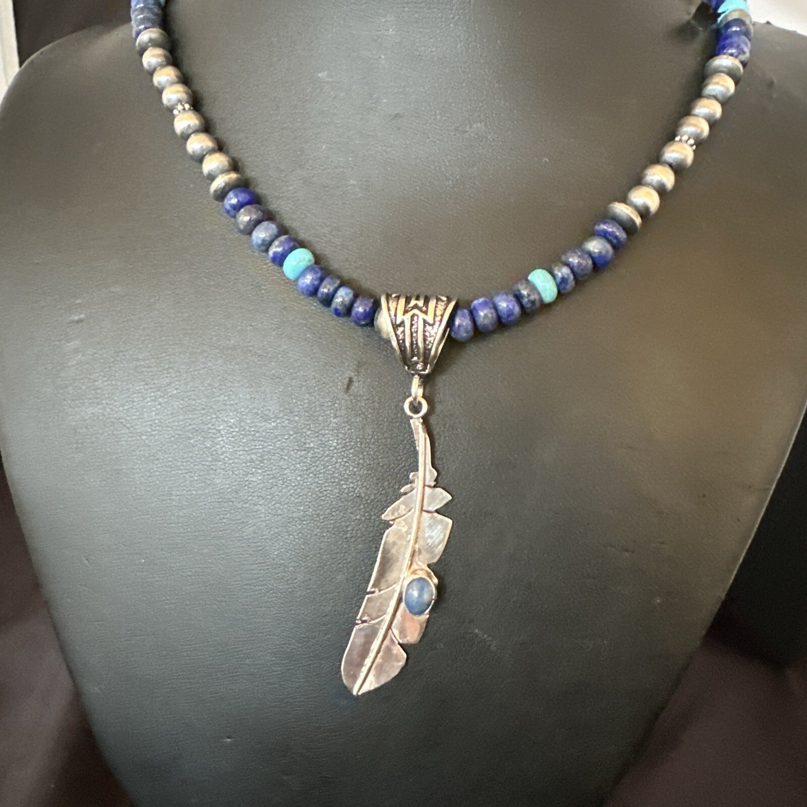 Blue Turquoise Lapis Feather Pendant Navajo Sterling Silver Necklace 21” 17790