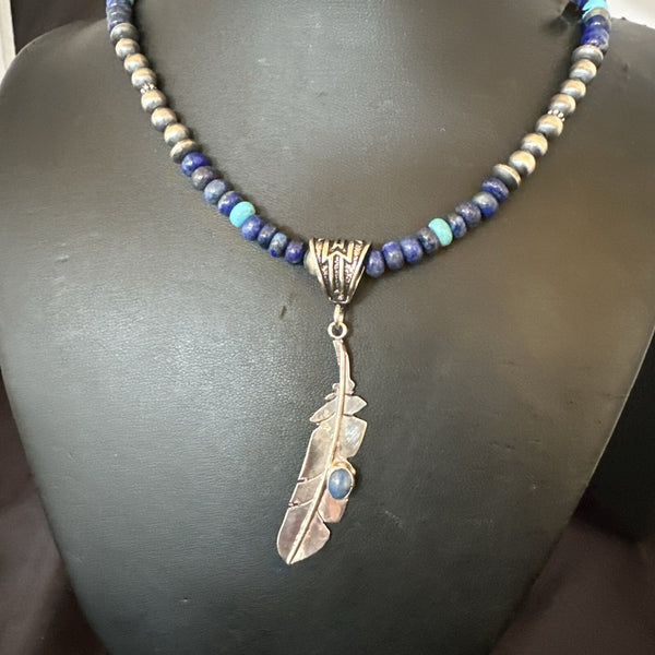 Blue Turquoise Lapis Feather Pendant Navajo Necklace 21" | Sterling Silver | Authentic Native American Handmade | 17790