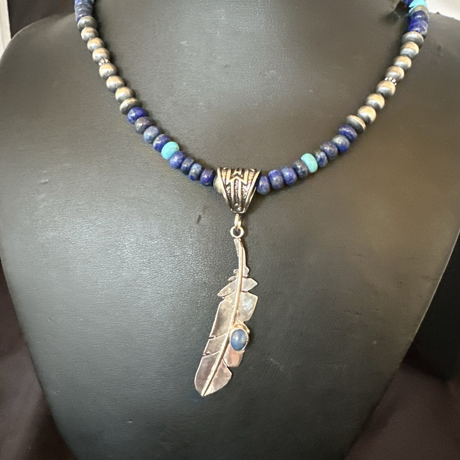 Blue Turquoise Lapis Feather Pendant Navajo Sterling Silver Necklace 21” 17790
