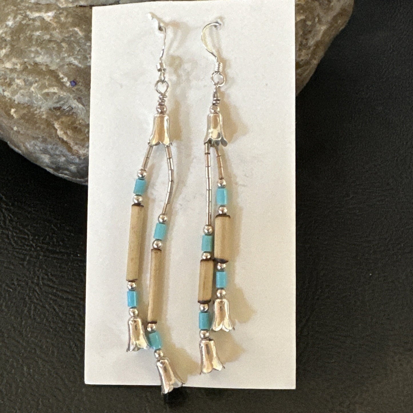 Blue Turquoise Shell Heishi Liquid Sterling Silver Dangle Bead Earrings 17934