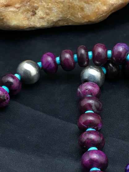 Purple Stone & Turquoise Bead Navajo Indian Sterling Necklace 27" 04061