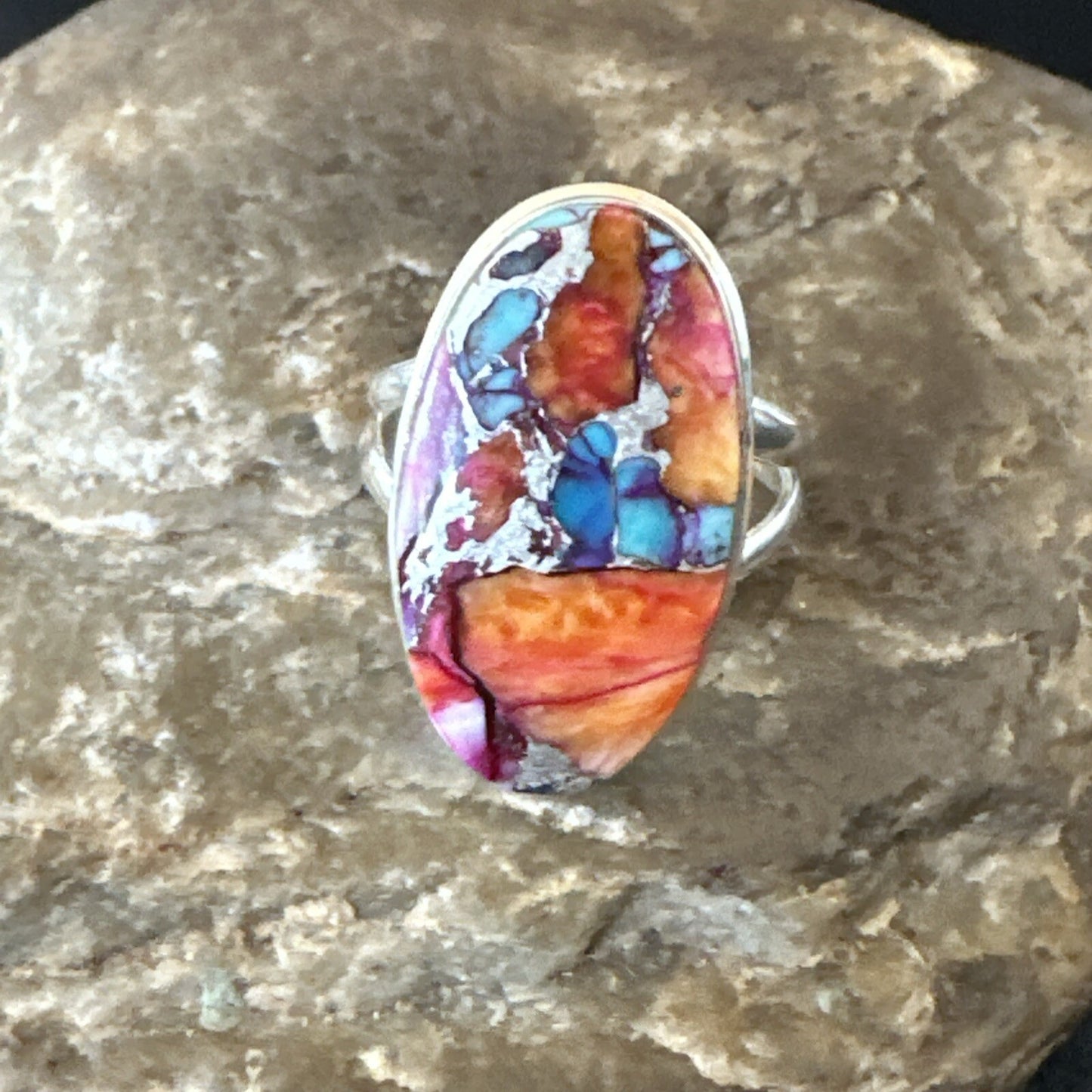 Blue Turquoise Spiny Oyster Southwestern Sterling Silver Ring Size 9 18460