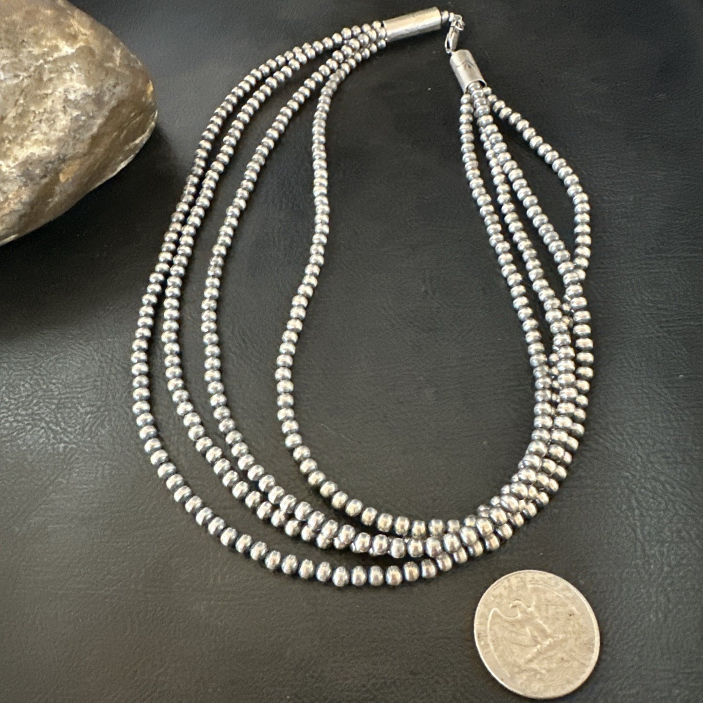 4mm Sterling Silver 4 Strand Bib 16-19”Navajo Pearls Cone Necklace 19397