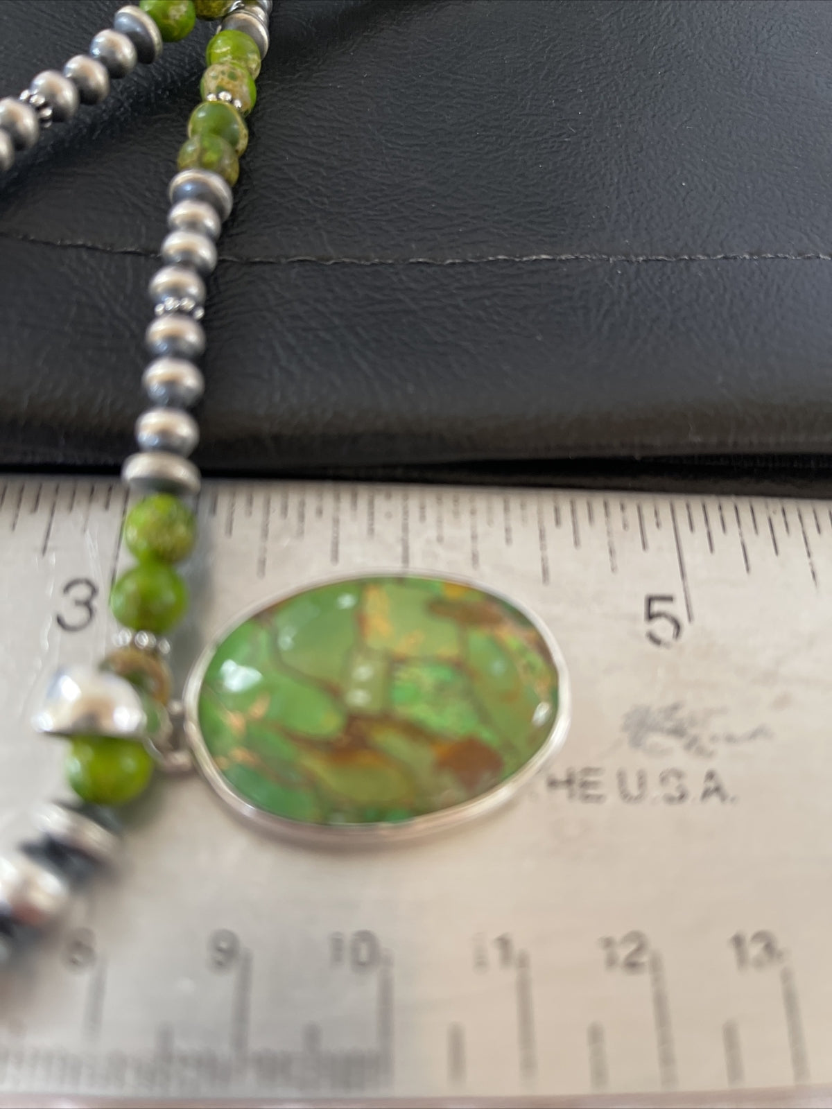 Women Green Mohave Turquoise Pendant Sterling Silver Beads Necklace 10311
