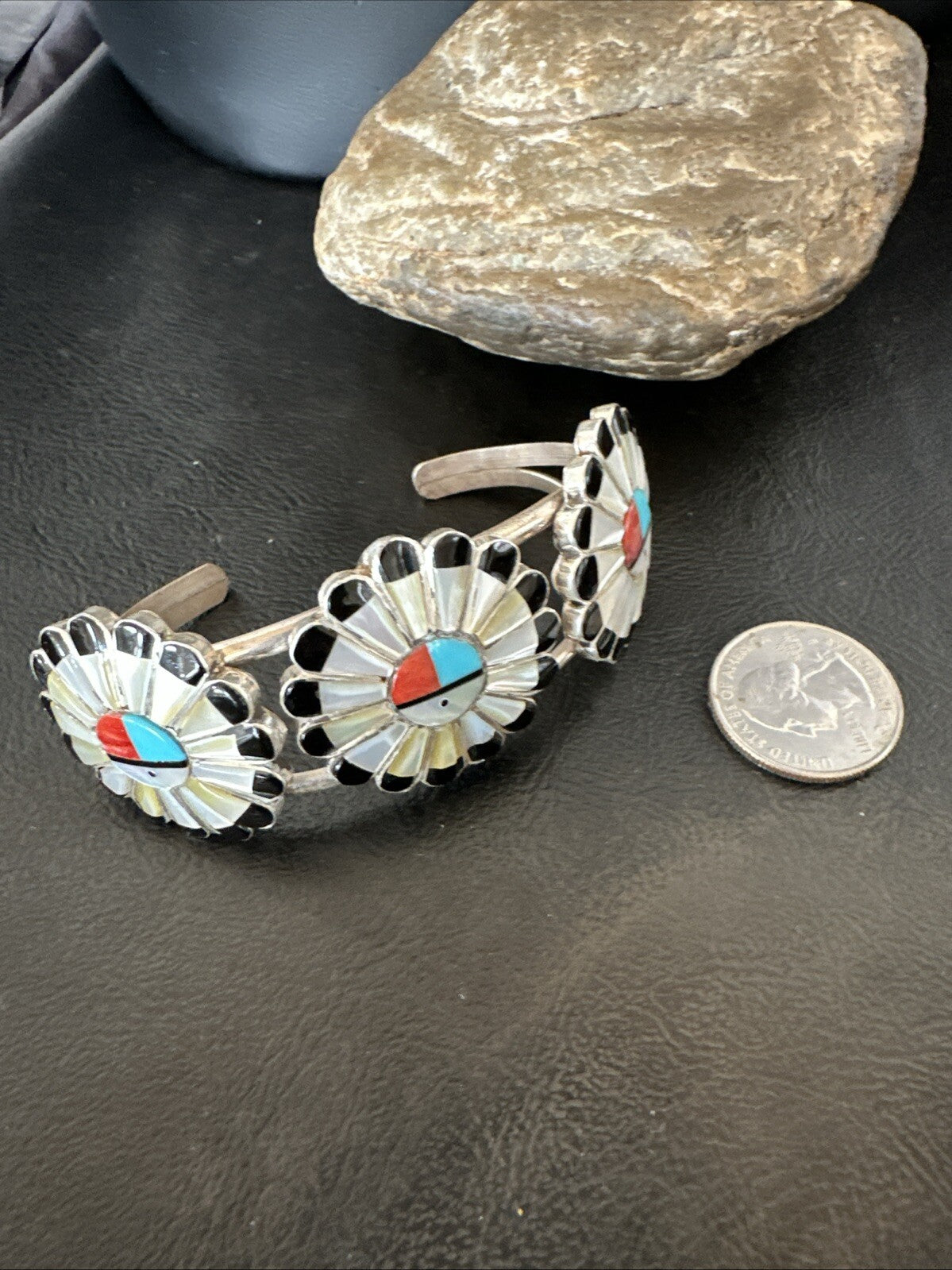 Blue Turquoise Coral MOP Zuni Sterling Silver Inlay Sunface Cuff Bracelet 18872