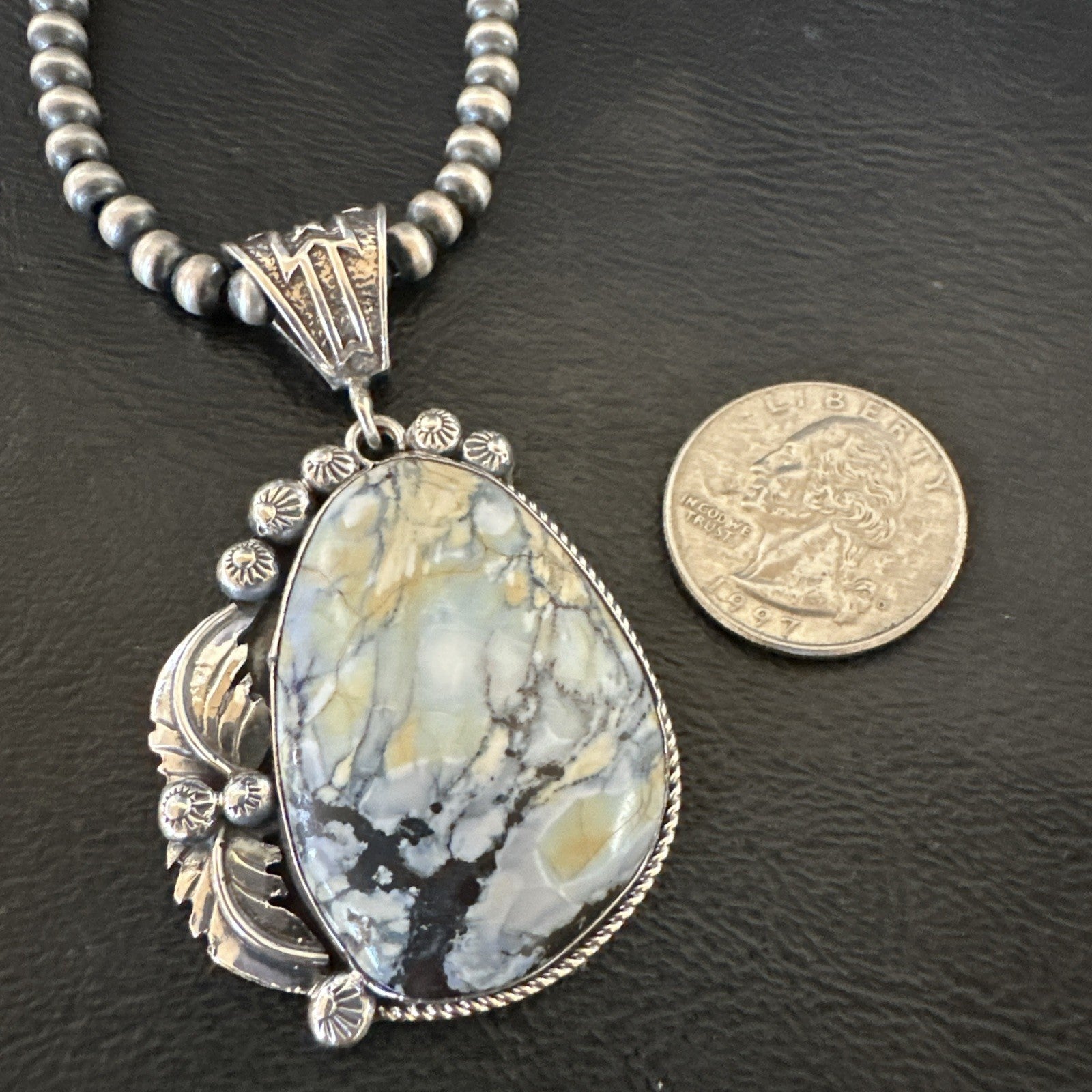 White Buffalo Turquoise Pendant Navajo Pearls Sterling Silver Necklace 19342