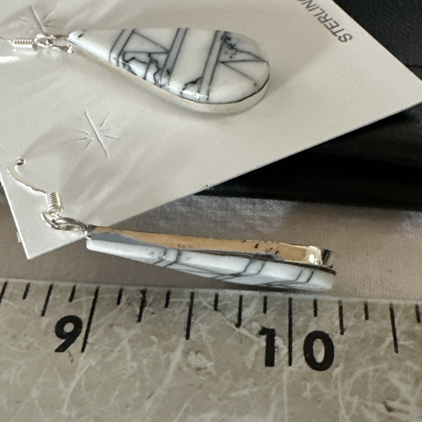 White Howlite Dangle Inlay Navajo Sterling Silver Earrings 19264