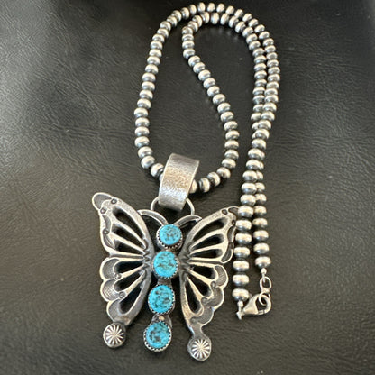 Butterfly Blue Kingman Turquoise Pendant Navajo Sterling Silver Necklace 19296