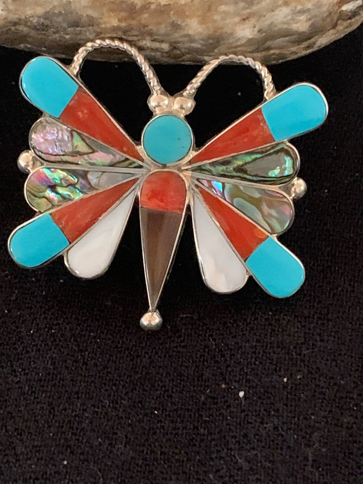 Turquoise & Mother Of Pearls Butterfly Zuni Sterling Silver Pin Pendant 04695