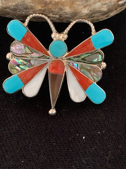 Turquoise & Mother Of Pearls Butterfly Zuni Sterling Silver Pin Pendant 04695