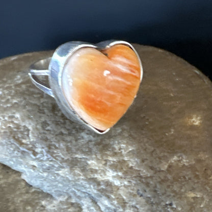 Orange Heart Ring Handmade Navajo Spiny Oyster Sterling Silver Sz 9 19329