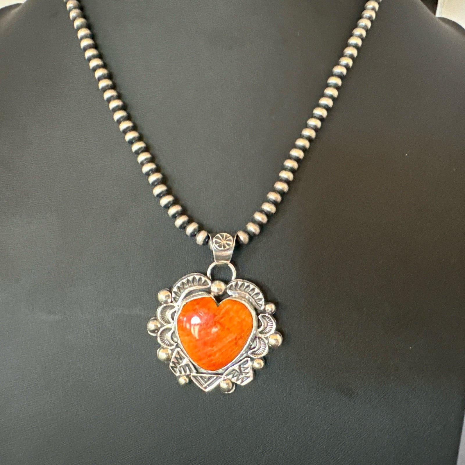 H Joe Orange Spiny Oyster Heart Pendant Navajo Sterling Silver Necklace 19486