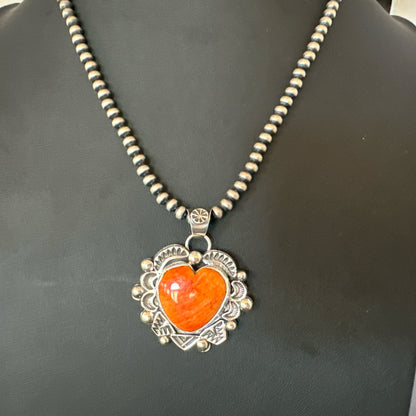 H Joe Orange Spiny Oyster Heart Pendant Navajo Sterling Silver Necklace 19486