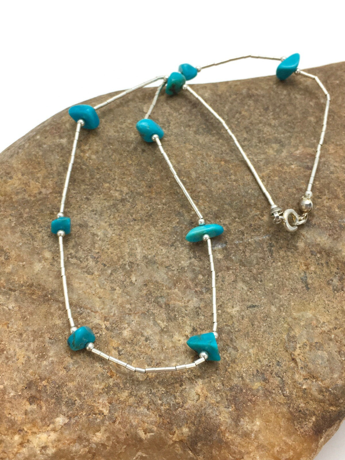 Girls Nugget Turquoise Liquid Sterling Silver Necklace 14" 02931