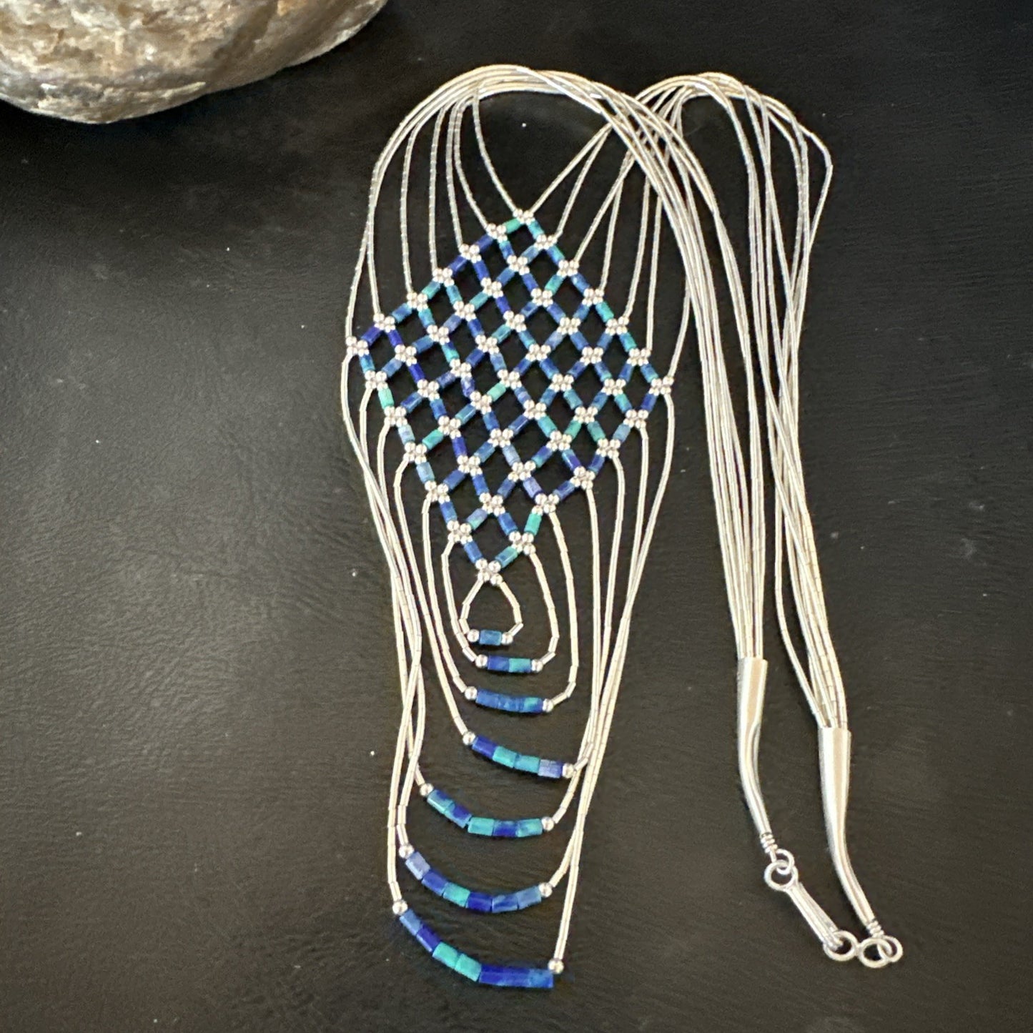 Azurite Heishi Tubes Pendant 7 Strand Liquid Sterling Silver Necklace 19751