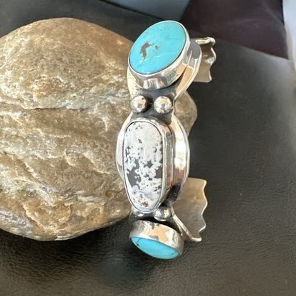 Mens White Buffalo Blue Turquoise Navajo Sterling Silver Cuff Bracelet 19504