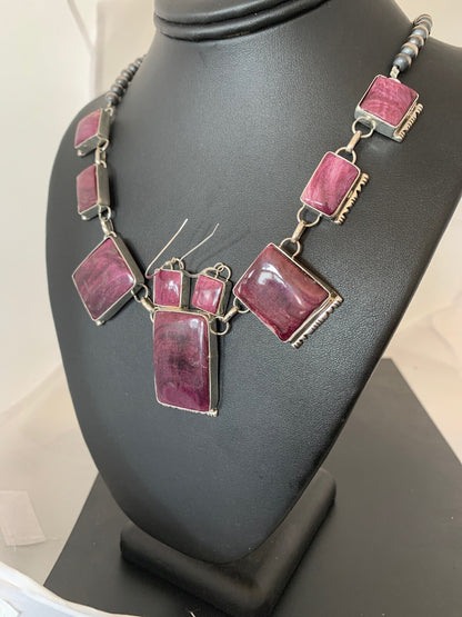 Purple Spiny Oyster Navajo Pearls Sterling Silver Lariat Necklace Earrings 04556