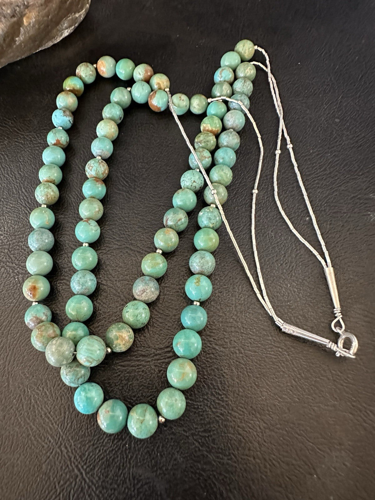 Native Turquoise Bead 2 Strand Navajo Sterling Silver Necklace 22” 19464