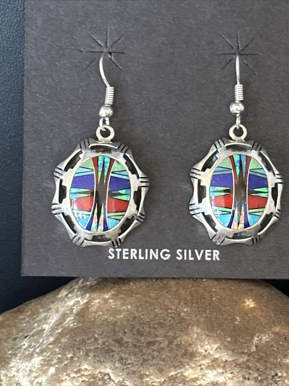 Blue Turquoise & Spiny Oyster Navajo Sterling Silver Inlay Earrings 1” 14763