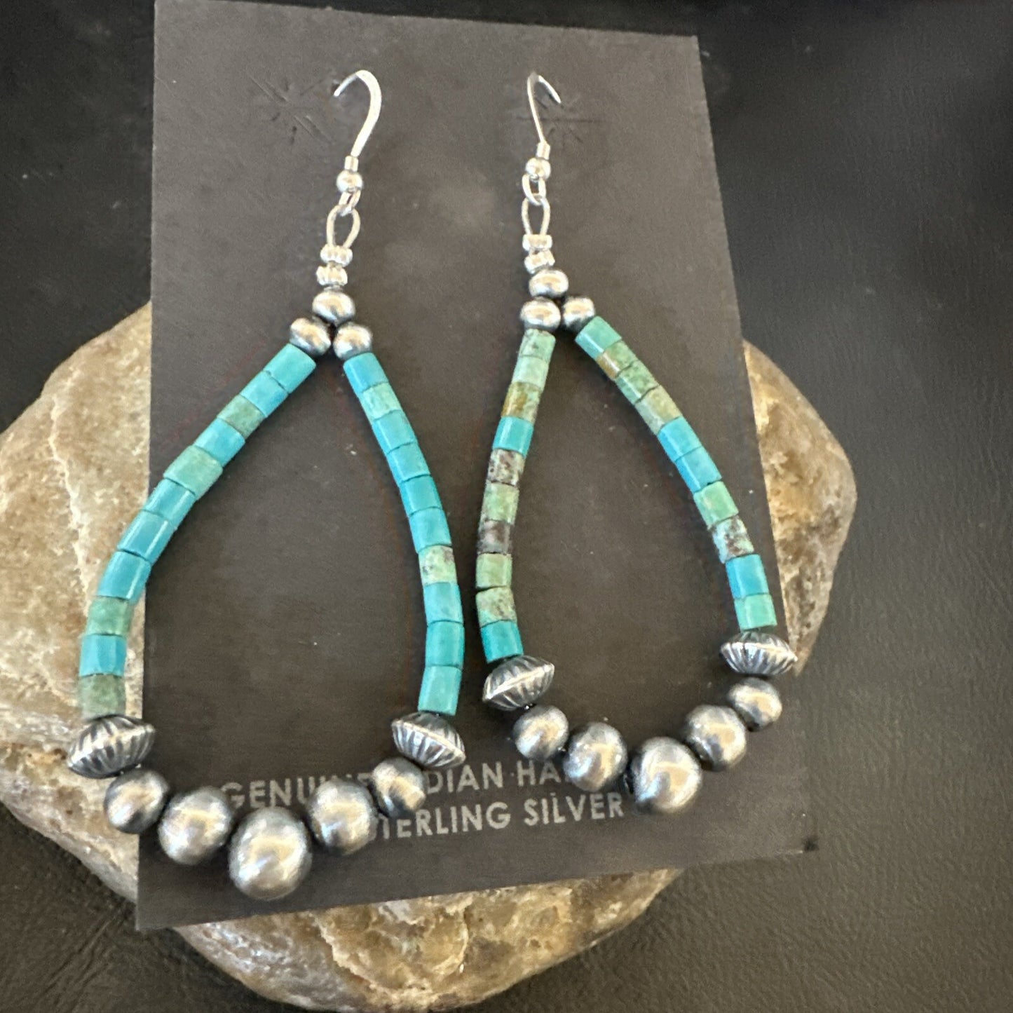 Blue Turquoise Heishi Sterling Silver Beads Navajo Beads Earrings 2" 17873