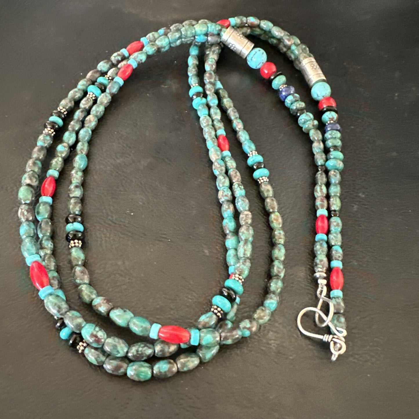 Mens Blue Spiderweb Turquoise Tube 3S Navajo Sterling Silver Necklace 30” 17886
