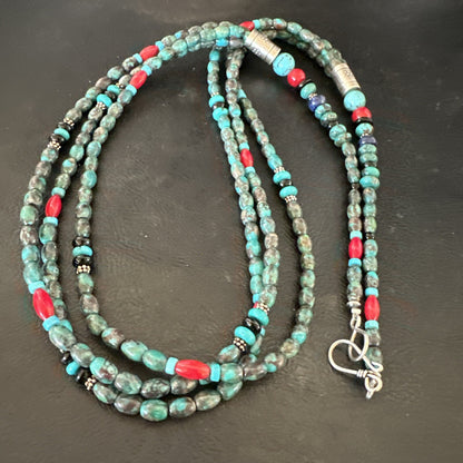 Mens Blue Spiderweb Turquoise Tube 3S Navajo Sterling Silver Necklace 30” 17886