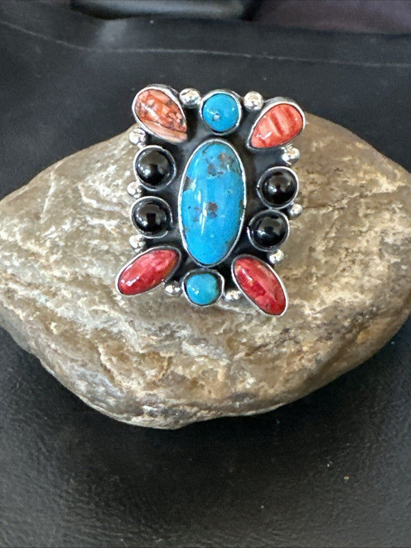Cluster Blue Turquoise Spiny Oyster Onyx Ring Size 10 | Sterling Silver | Authentic Native American Handmade | 18559
