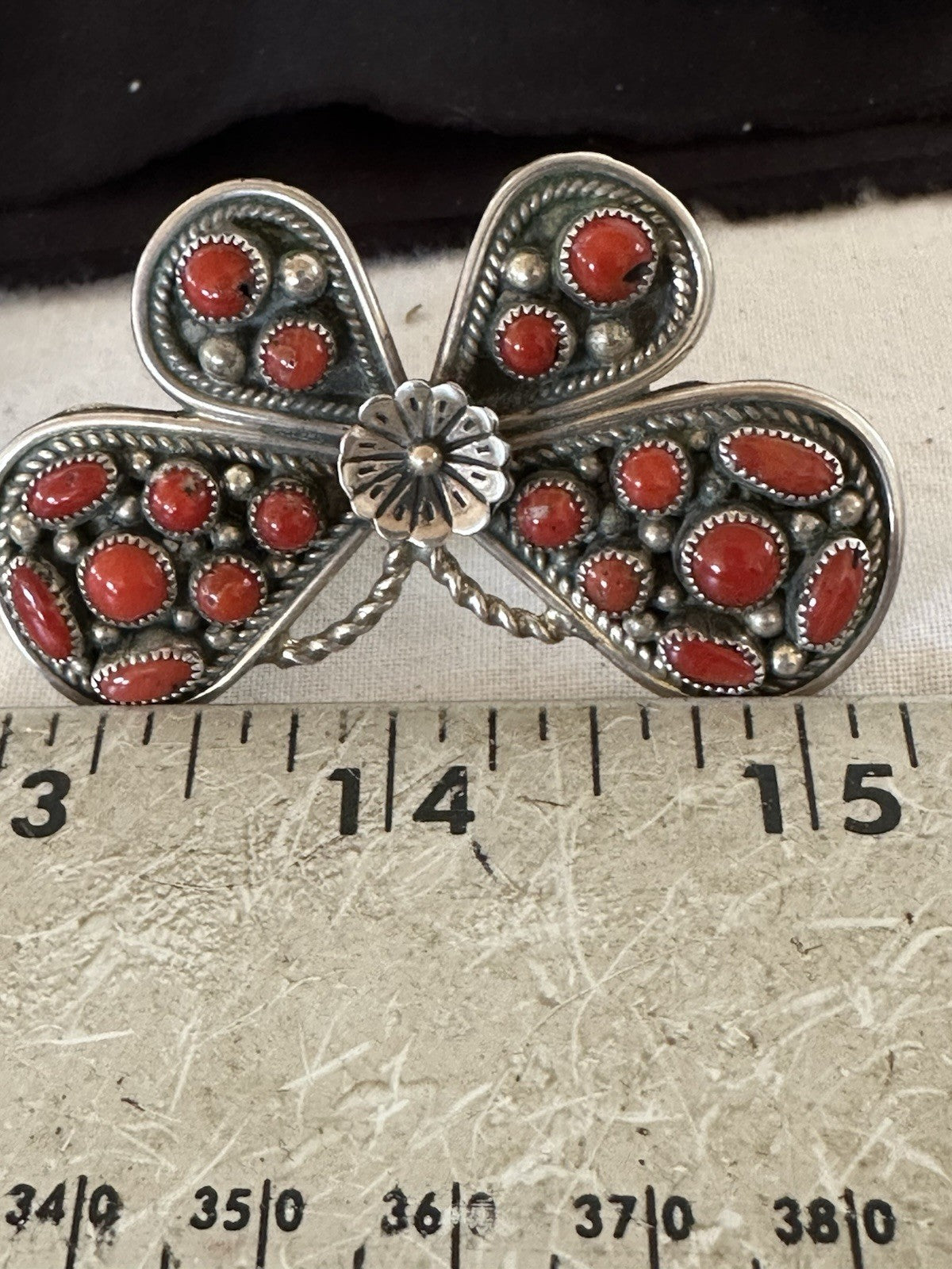 Red Coral Butterfly Sterling Silver Cluster Navajo Ring Size 8 00988