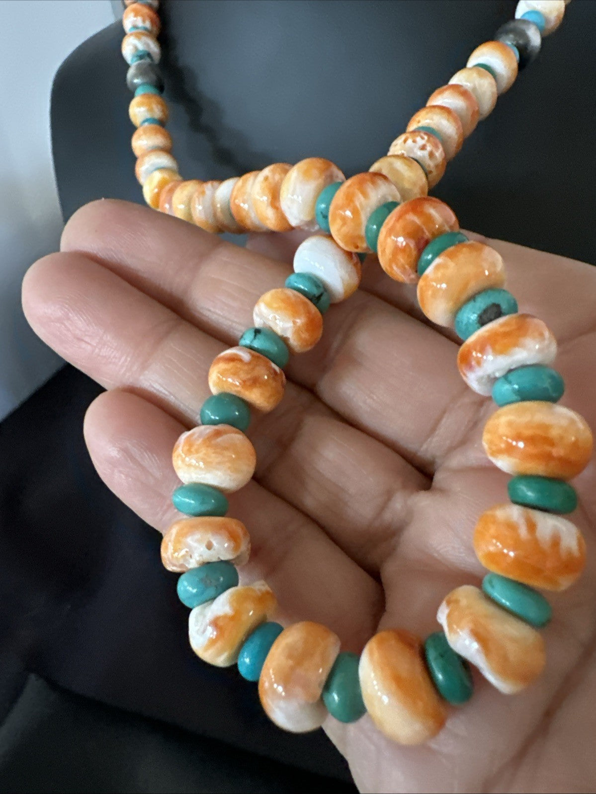 Orange Spiny Oyster Turquoise Navajo Sterling Silver Beads 22” Necklace 19164