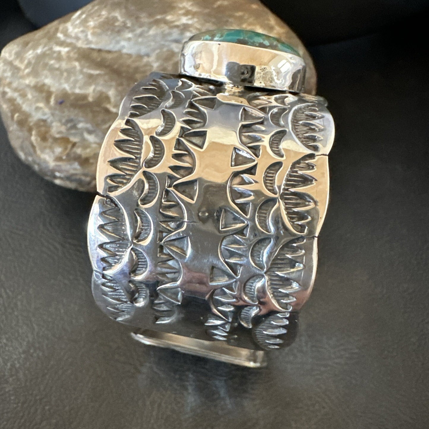 Navajo Green Royston TURQUOISE Stamped Sterling Silver Cuff Bracelet 17943