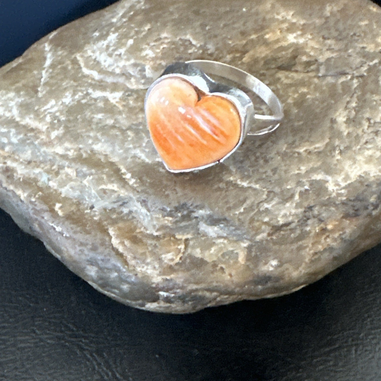 Orange Heart Ring Handmade Navajo Spiny Oyster Sterling Silver Sz 9 19329
