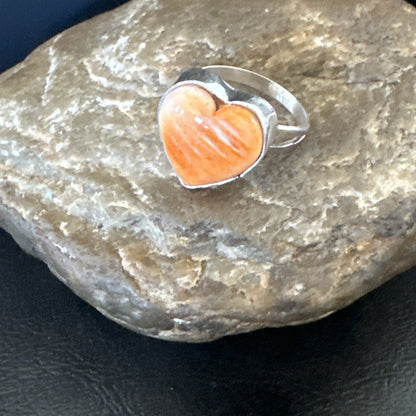 Orange Heart Ring Handmade Navajo Spiny Oyster Sterling Silver Sz 9 19329