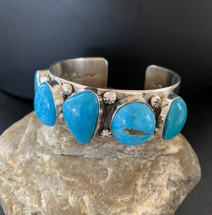 Kingman Turquoise Row Navajo Sterling Silver Cuff Bracelet 1410